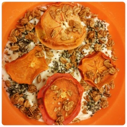 Peach-mango soy yogurt, chia/hemp seeds, dried persimmons and oat clusters